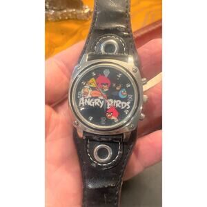 Unisex 42mm Angry Birds Watch, Silver Tone with Black Leather Band